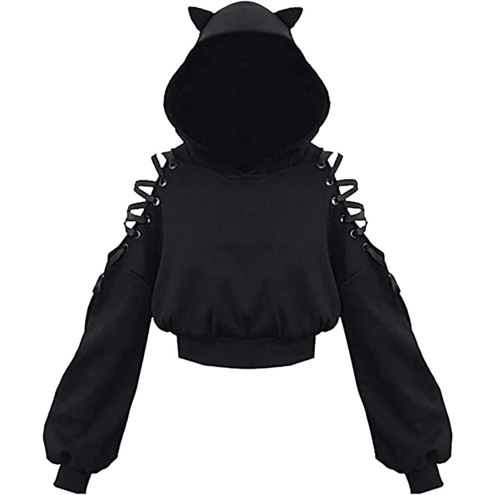 Women's Halloween Cat Ear Hoodie Cropped Sweatshirt Long Sleeve Casual